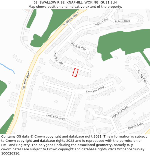 62, SWALLOW RISE, KNAPHILL, WOKING, GU21 2LH: Location map and indicative extent of plot