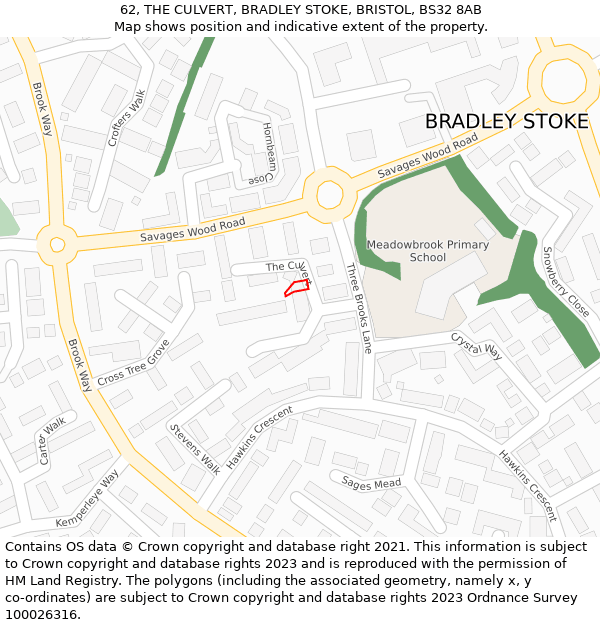 62, THE CULVERT, BRADLEY STOKE, BRISTOL, BS32 8AB: Location map and indicative extent of plot