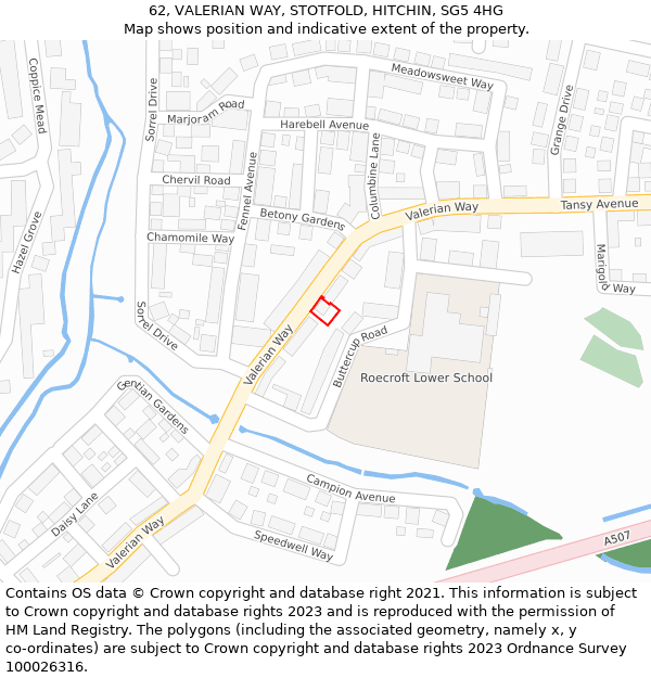 62, VALERIAN WAY, STOTFOLD, HITCHIN, SG5 4HG: Location map and indicative extent of plot