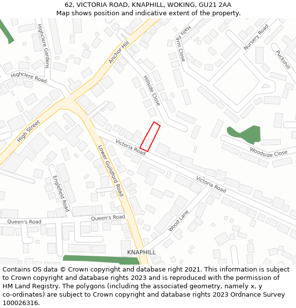 62, VICTORIA ROAD, KNAPHILL, WOKING, GU21 2AA: Location map and indicative extent of plot