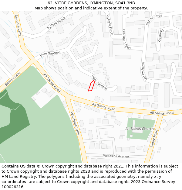 62, VITRE GARDENS, LYMINGTON, SO41 3NB: Location map and indicative extent of plot