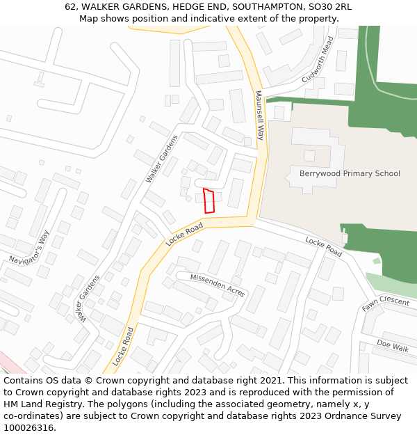 62, WALKER GARDENS, HEDGE END, SOUTHAMPTON, SO30 2RL: Location map and indicative extent of plot