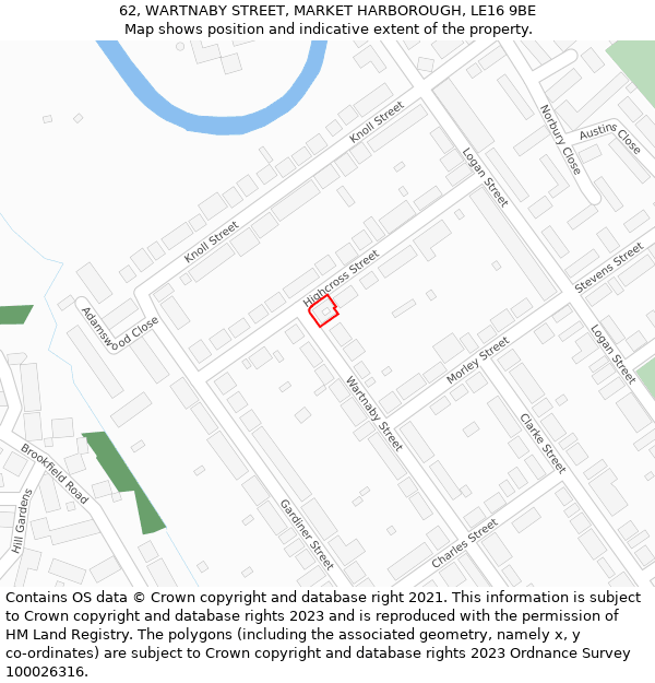 62, WARTNABY STREET, MARKET HARBOROUGH, LE16 9BE: Location map and indicative extent of plot