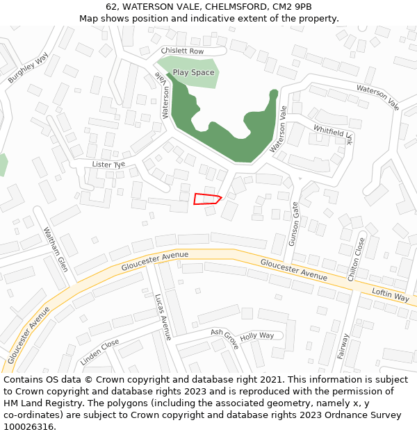 62, WATERSON VALE, CHELMSFORD, CM2 9PB: Location map and indicative extent of plot