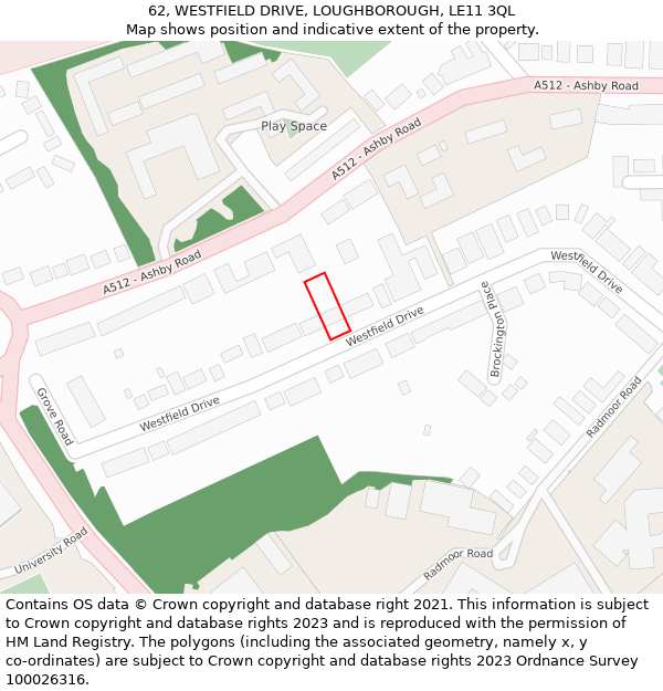 62, WESTFIELD DRIVE, LOUGHBOROUGH, LE11 3QL: Location map and indicative extent of plot