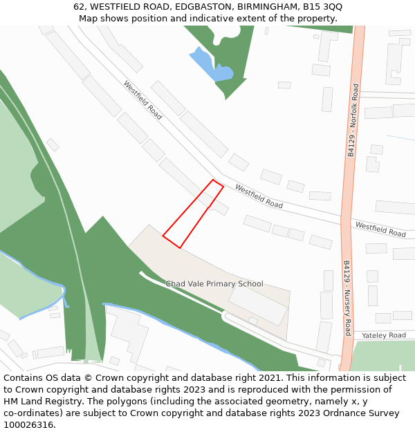 62, WESTFIELD ROAD, EDGBASTON, BIRMINGHAM, B15 3QQ: Location map and indicative extent of plot