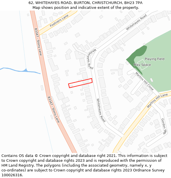 62, WHITEHAYES ROAD, BURTON, CHRISTCHURCH, BH23 7PA: Location map and indicative extent of plot