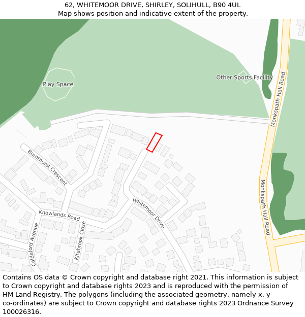 62, WHITEMOOR DRIVE, SHIRLEY, SOLIHULL, B90 4UL: Location map and indicative extent of plot