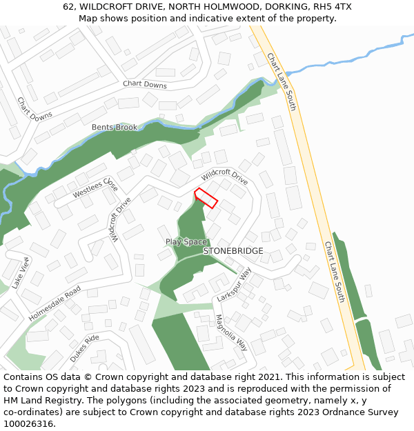 62, WILDCROFT DRIVE, NORTH HOLMWOOD, DORKING, RH5 4TX: Location map and indicative extent of plot