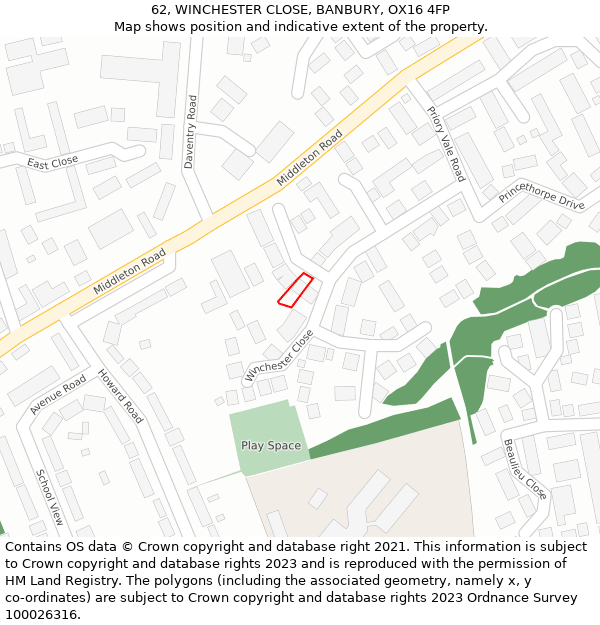 62, WINCHESTER CLOSE, BANBURY, OX16 4FP: Location map and indicative extent of plot