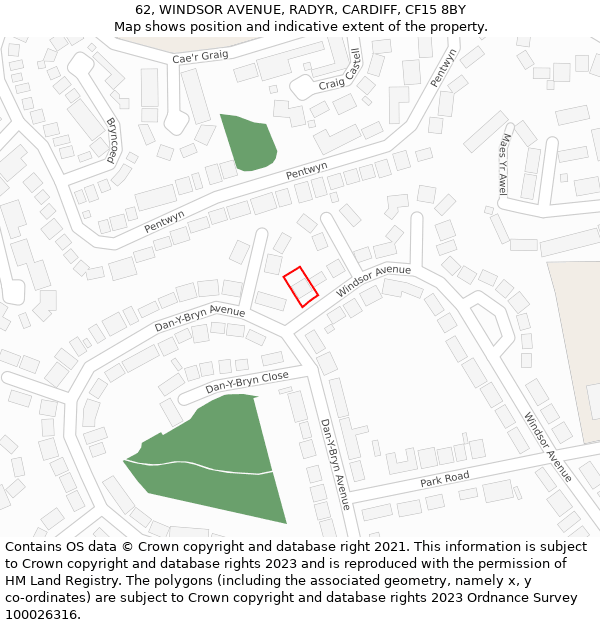 62, WINDSOR AVENUE, RADYR, CARDIFF, CF15 8BY: Location map and indicative extent of plot