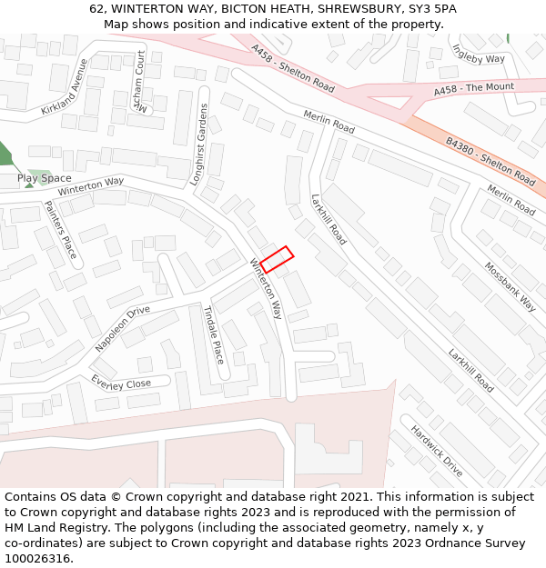 62, WINTERTON WAY, BICTON HEATH, SHREWSBURY, SY3 5PA: Location map and indicative extent of plot