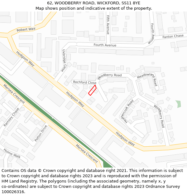 62, WOODBERRY ROAD, WICKFORD, SS11 8YE: Location map and indicative extent of plot