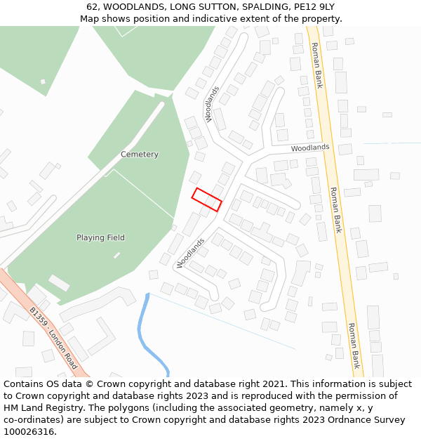 62, WOODLANDS, LONG SUTTON, SPALDING, PE12 9LY: Location map and indicative extent of plot