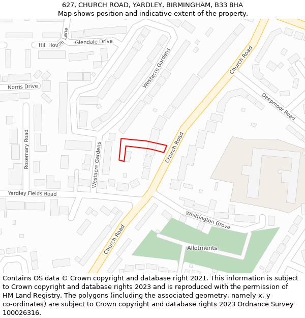 627, CHURCH ROAD, YARDLEY, BIRMINGHAM, B33 8HA: Location map and indicative extent of plot