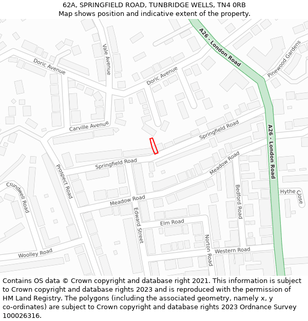 62A, SPRINGFIELD ROAD, TUNBRIDGE WELLS, TN4 0RB: Location map and indicative extent of plot