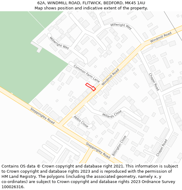 62A, WINDMILL ROAD, FLITWICK, BEDFORD, MK45 1AU: Location map and indicative extent of plot