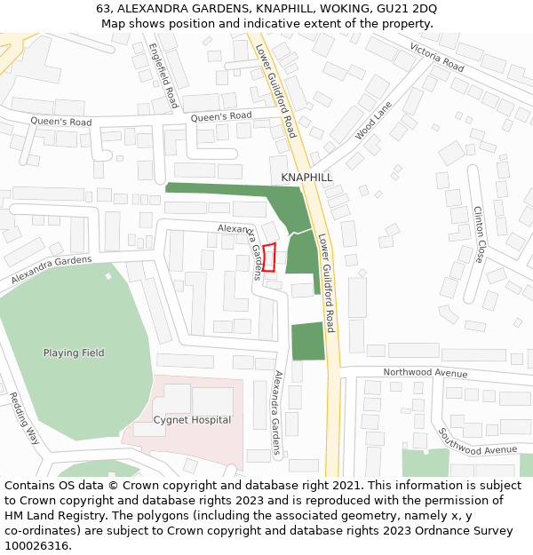 63, ALEXANDRA GARDENS, KNAPHILL, WOKING, GU21 2DQ: Location map and indicative extent of plot