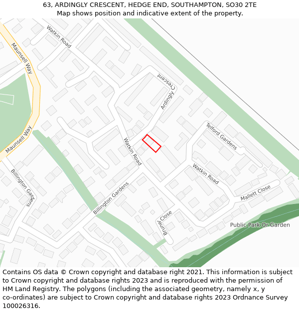 63, ARDINGLY CRESCENT, HEDGE END, SOUTHAMPTON, SO30 2TE: Location map and indicative extent of plot