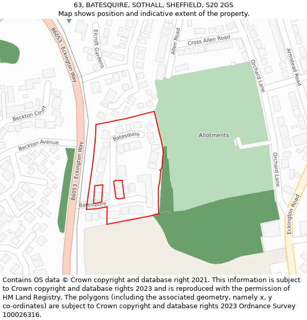 63, BATESQUIRE, SOTHALL, SHEFFIELD, S20 2GS: Location map and indicative extent of plot
