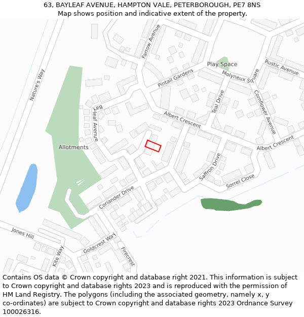 63, BAYLEAF AVENUE, HAMPTON VALE, PETERBOROUGH, PE7 8NS: Location map and indicative extent of plot