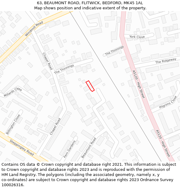 63, BEAUMONT ROAD, FLITWICK, BEDFORD, MK45 1AL: Location map and indicative extent of plot