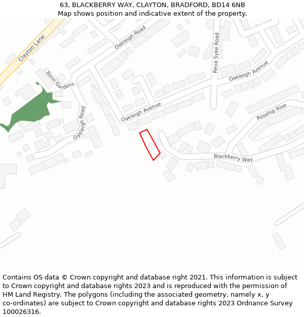 63, BLACKBERRY WAY, CLAYTON, BRADFORD, BD14 6NB: Location map and indicative extent of plot