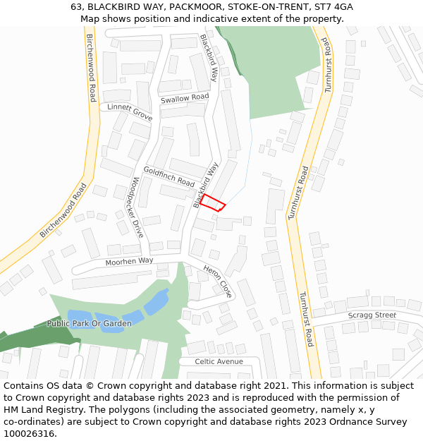 63, BLACKBIRD WAY, PACKMOOR, STOKE-ON-TRENT, ST7 4GA: Location map and indicative extent of plot