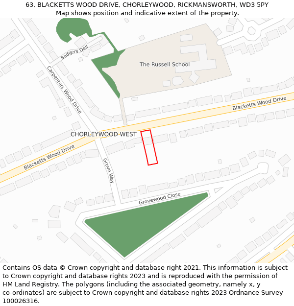 63, BLACKETTS WOOD DRIVE, CHORLEYWOOD, RICKMANSWORTH, WD3 5PY: Location map and indicative extent of plot