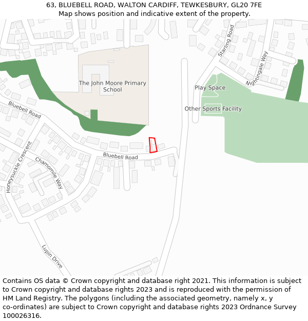 63, BLUEBELL ROAD, WALTON CARDIFF, TEWKESBURY, GL20 7FE: Location map and indicative extent of plot