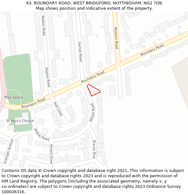 63, BOUNDARY ROAD, WEST BRIDGFORD, NOTTINGHAM, NG2 7DB: Location map and indicative extent of plot