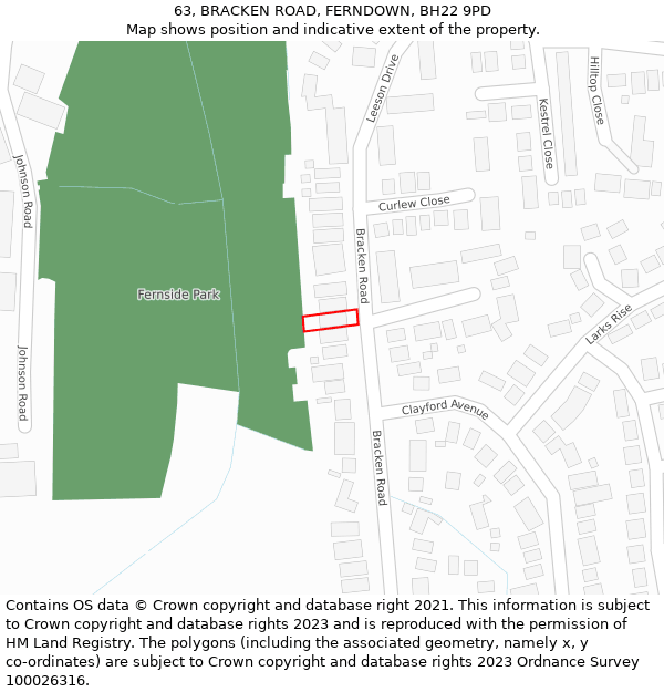 63, BRACKEN ROAD, FERNDOWN, BH22 9PD: Location map and indicative extent of plot