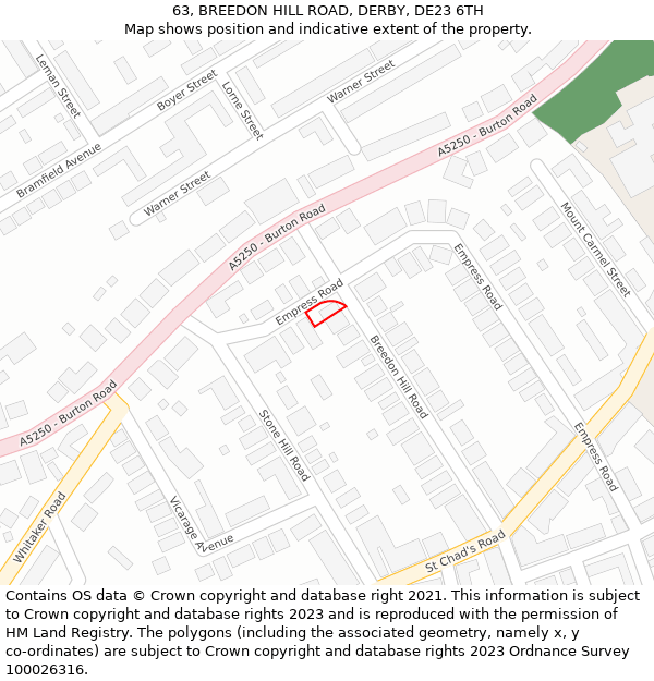 63, BREEDON HILL ROAD, DERBY, DE23 6TH: Location map and indicative extent of plot