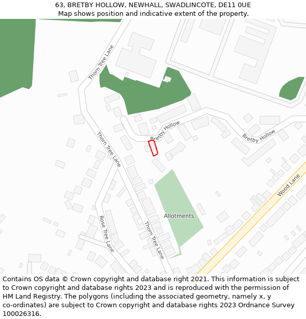 63, BRETBY HOLLOW, NEWHALL, SWADLINCOTE, DE11 0UE: Location map and indicative extent of plot