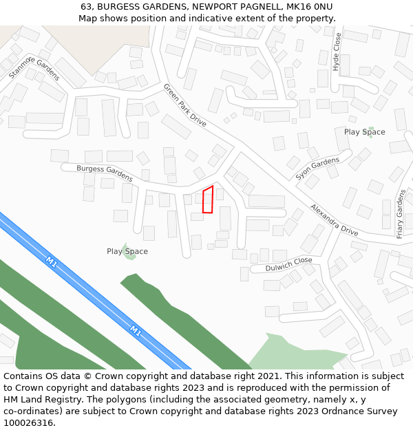 63, BURGESS GARDENS, NEWPORT PAGNELL, MK16 0NU: Location map and indicative extent of plot