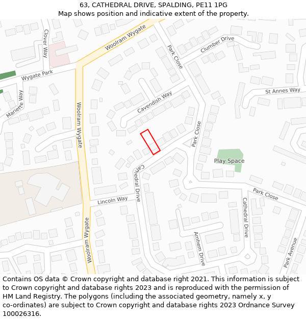 63, CATHEDRAL DRIVE, SPALDING, PE11 1PG: Location map and indicative extent of plot