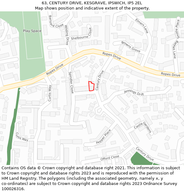 63, CENTURY DRIVE, KESGRAVE, IPSWICH, IP5 2EL: Location map and indicative extent of plot