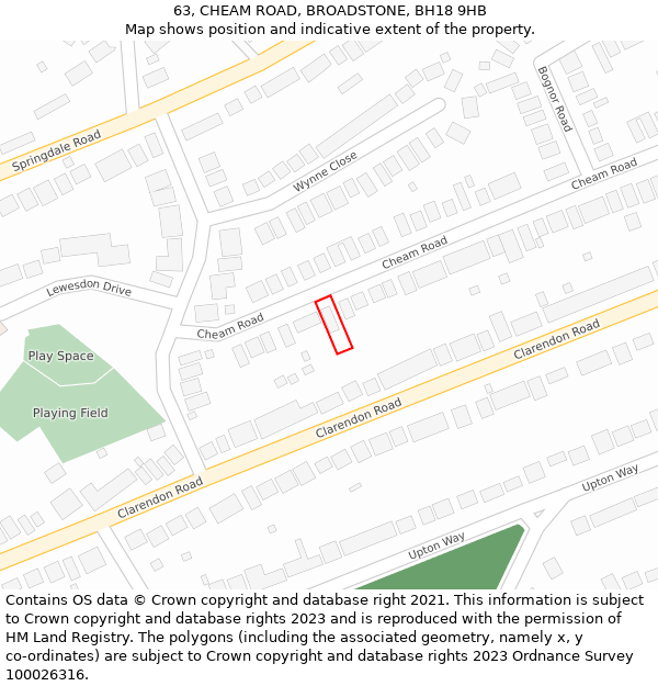 63, CHEAM ROAD, BROADSTONE, BH18 9HB: Location map and indicative extent of plot