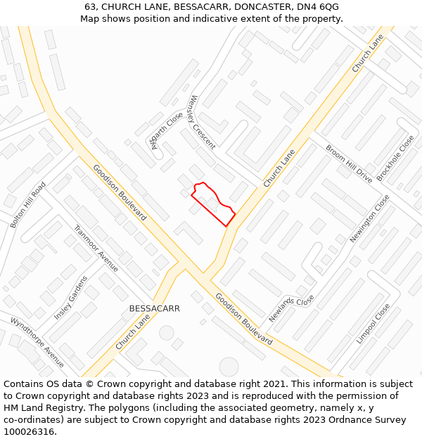 63, CHURCH LANE, BESSACARR, DONCASTER, DN4 6QG: Location map and indicative extent of plot