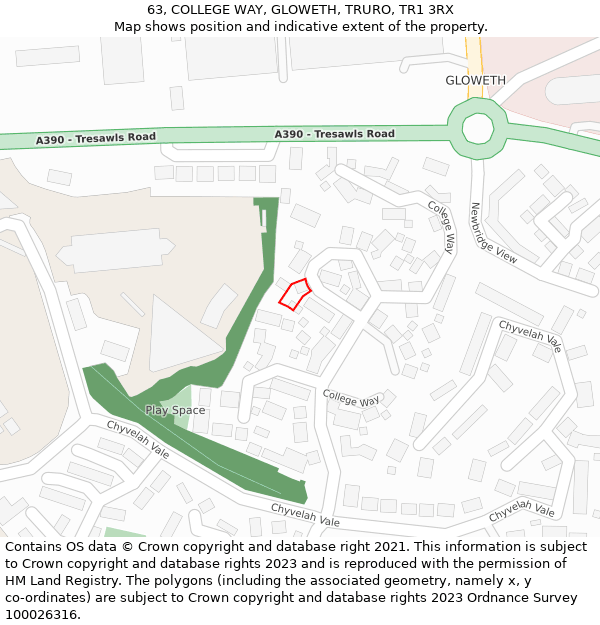 63, COLLEGE WAY, GLOWETH, TRURO, TR1 3RX: Location map and indicative extent of plot