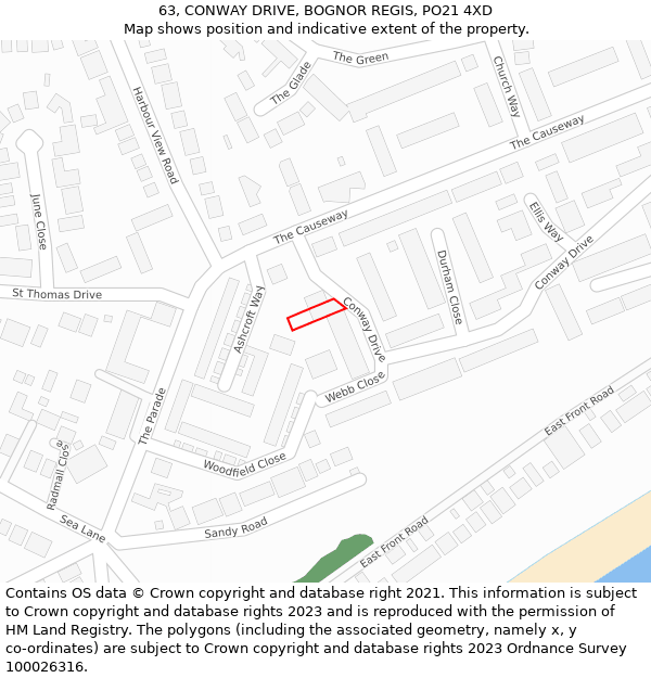 63, CONWAY DRIVE, BOGNOR REGIS, PO21 4XD: Location map and indicative extent of plot