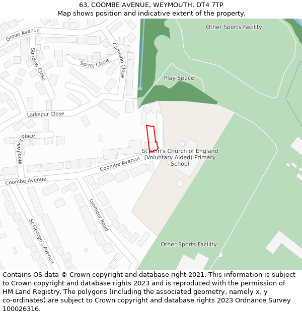 63, COOMBE AVENUE, WEYMOUTH, DT4 7TP: Location map and indicative extent of plot