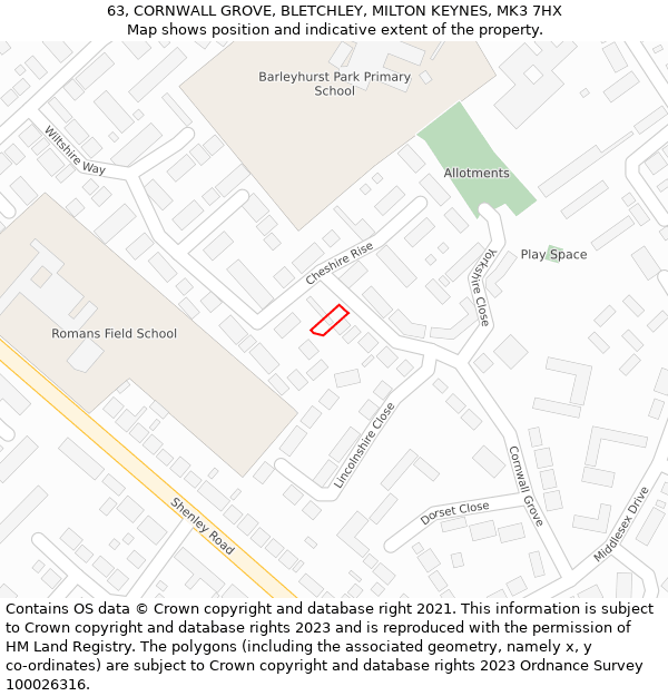 63, CORNWALL GROVE, BLETCHLEY, MILTON KEYNES, MK3 7HX: Location map and indicative extent of plot