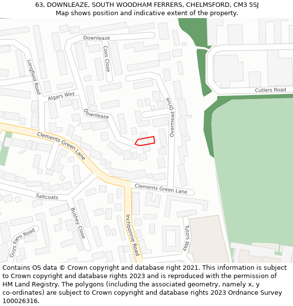 63, DOWNLEAZE, SOUTH WOODHAM FERRERS, CHELMSFORD, CM3 5SJ: Location map and indicative extent of plot