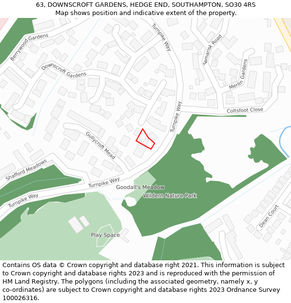 63, DOWNSCROFT GARDENS, HEDGE END, SOUTHAMPTON, SO30 4RS: Location map and indicative extent of plot