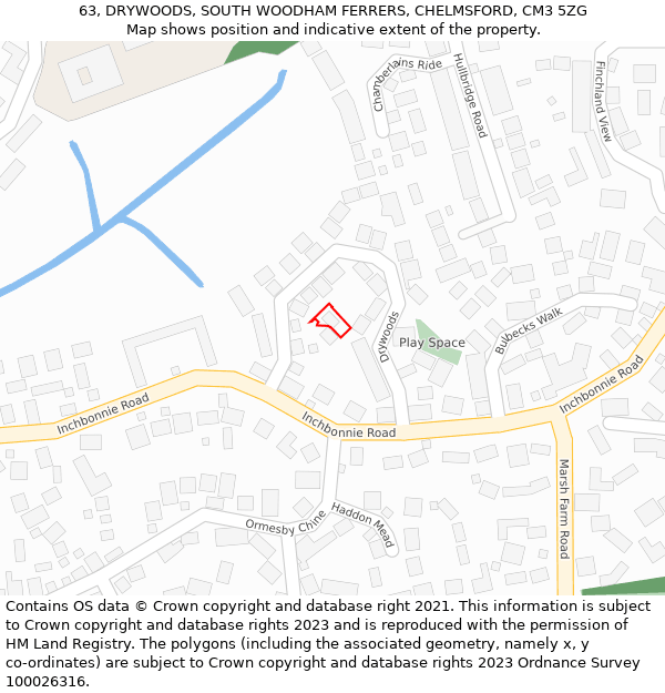 63, DRYWOODS, SOUTH WOODHAM FERRERS, CHELMSFORD, CM3 5ZG: Location map and indicative extent of plot