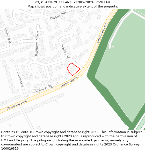 63, GLASSHOUSE LANE, KENILWORTH, CV8 2AH: Location map and indicative extent of plot