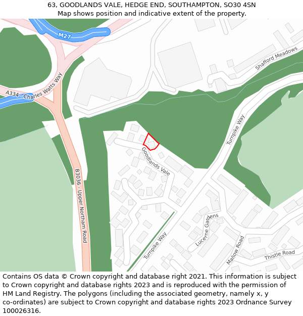 63, GOODLANDS VALE, HEDGE END, SOUTHAMPTON, SO30 4SN: Location map and indicative extent of plot