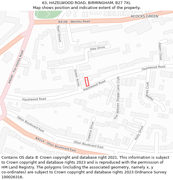 63, HAZELWOOD ROAD, BIRMINGHAM, B27 7XL: Location map and indicative extent of plot