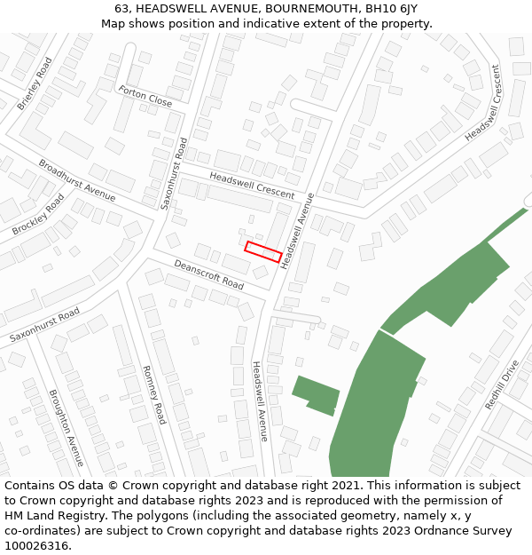 63, HEADSWELL AVENUE, BOURNEMOUTH, BH10 6JY: Location map and indicative extent of plot
